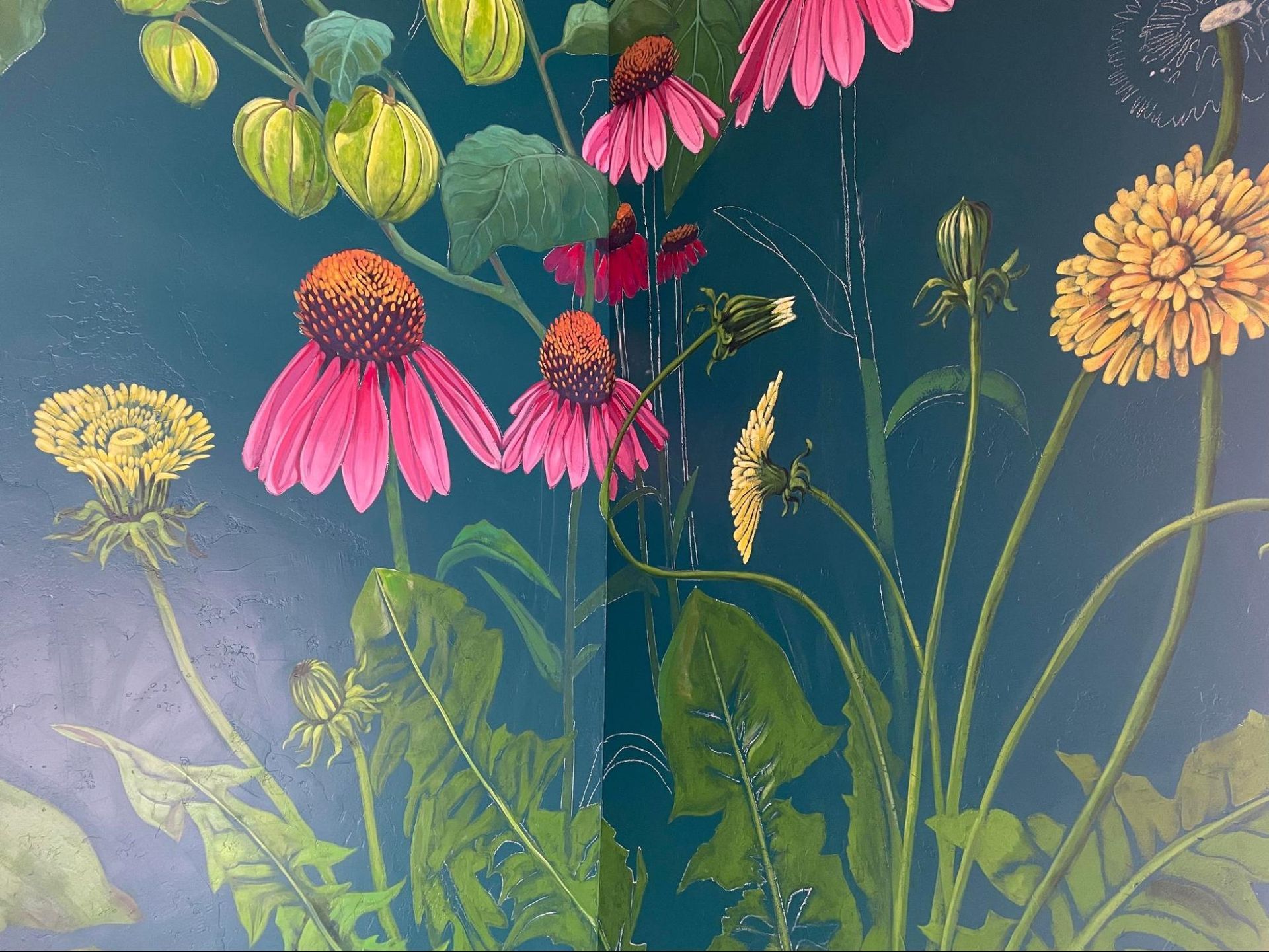 Painted coneflowers in pink, yellow, and orange against a dark teal background