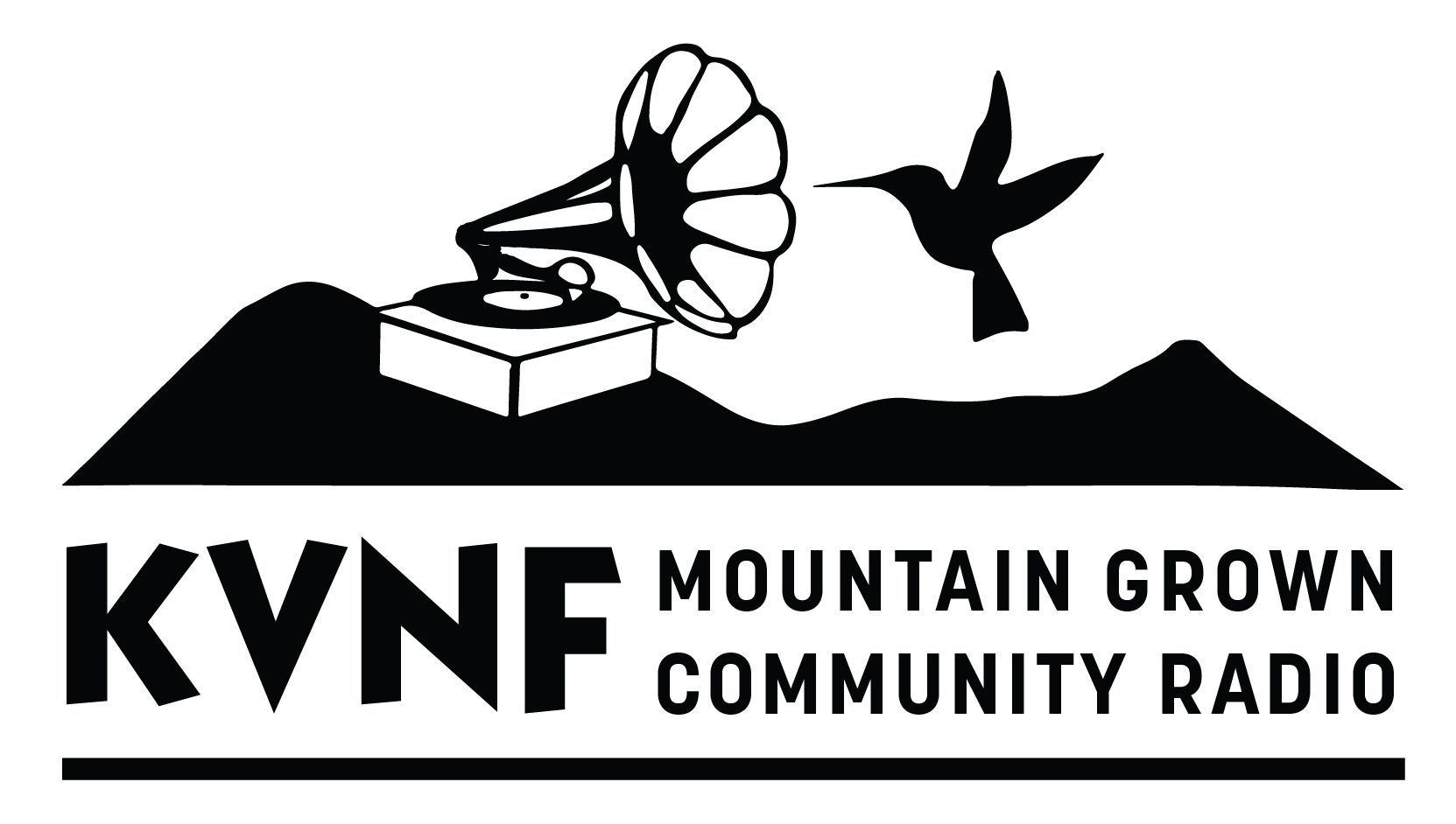 KVNF Mountain Grown Community Radio logo with gramophone, bird, and mountain silhouette