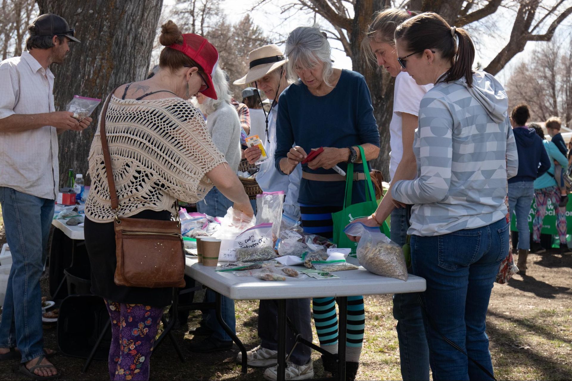 People gathered around an outdoor table, serving food and chatting in a park.