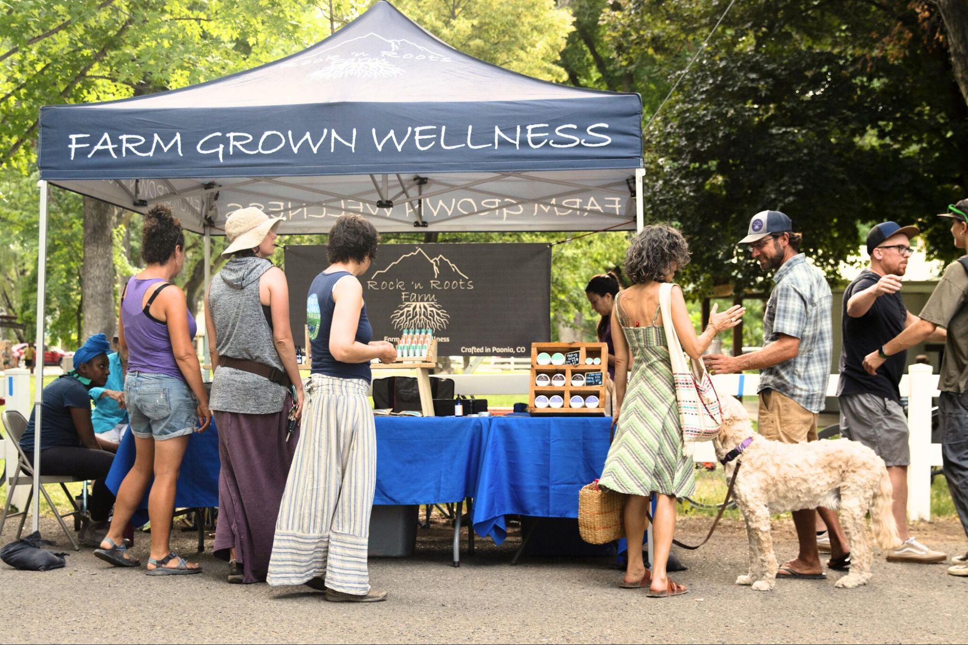Farm Grown Wellness booth at an outdoor market with people browsing and a dog nearby