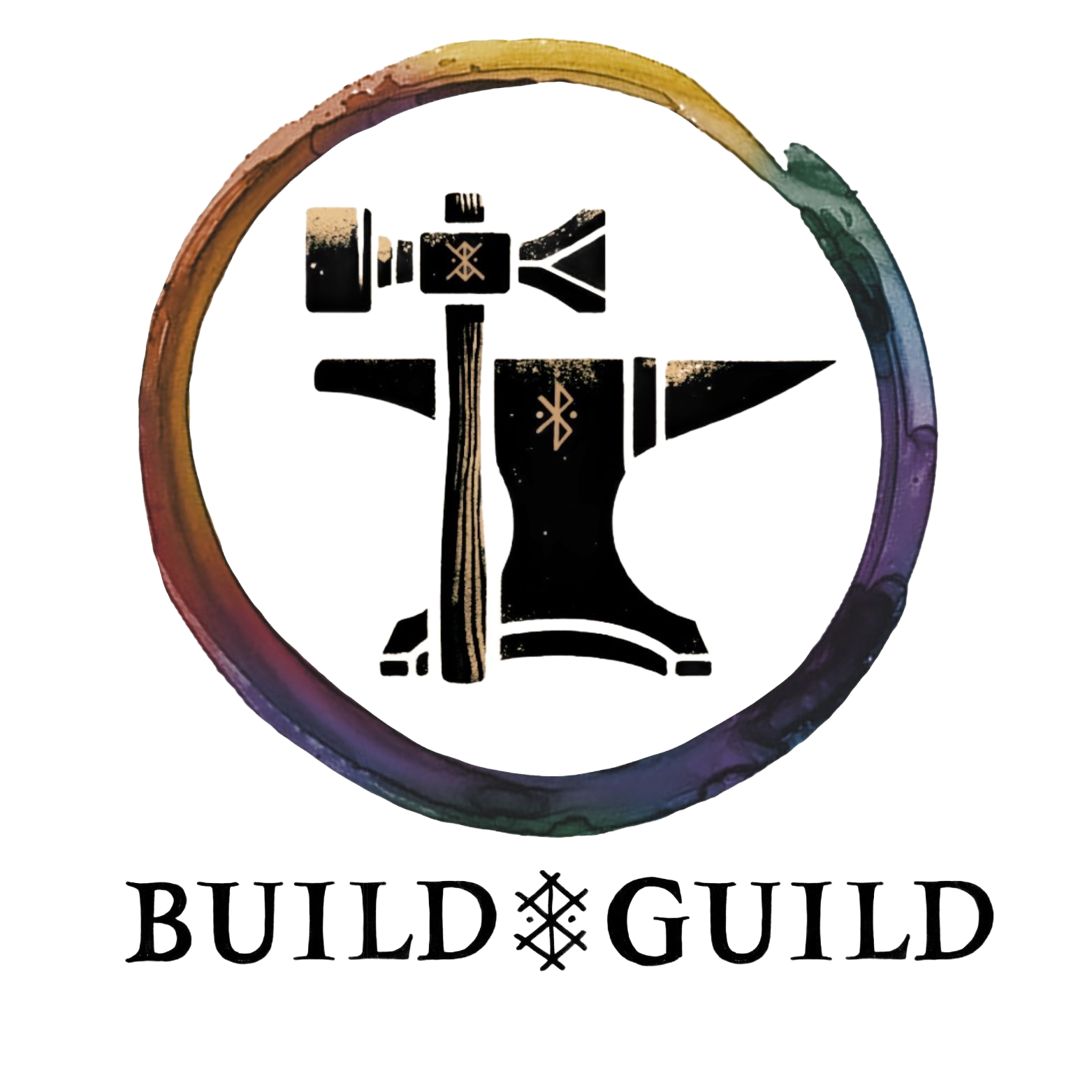 Build Guild logo with an anvil and hammer inside a multicolored circular ring