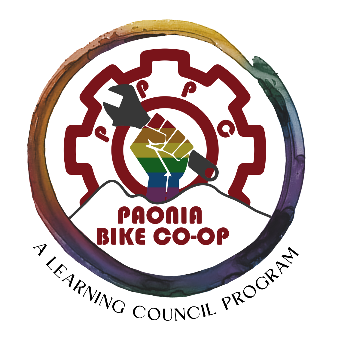 Phonia Bike Co-op logo with gear, rainbow circle, and “A Learning Council Program” text