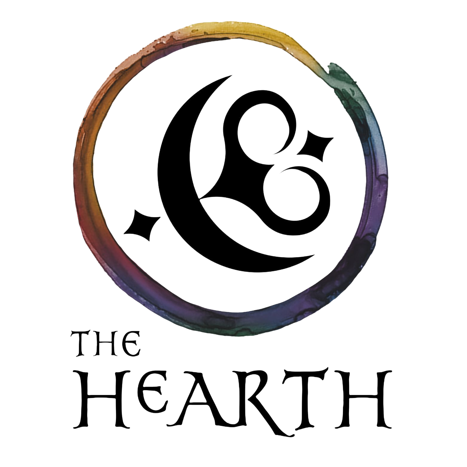 Circular multicolor logo with a black moon-and-stars symbol above the words “THE HEARTH”