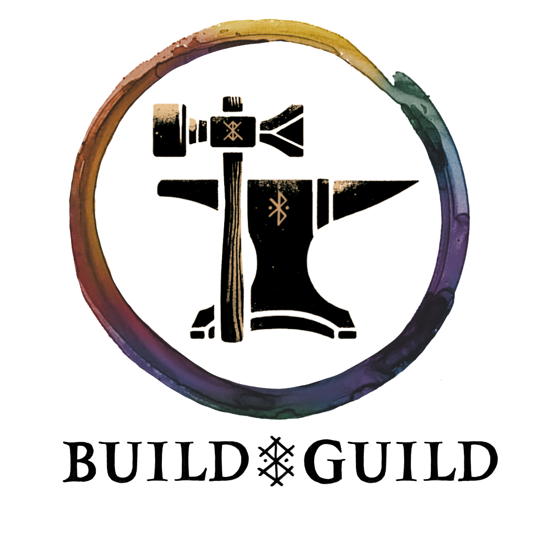 Build Guild logo with an anvil and hammer inside a multicolored circular ring