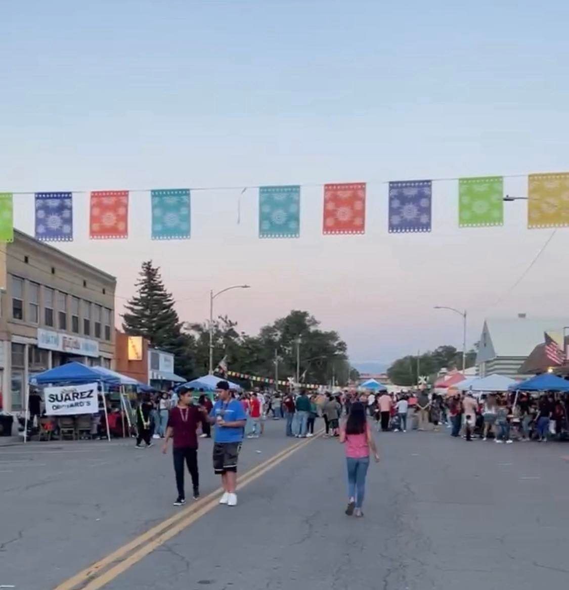 Street fair at dusk with crowds, colorful flags overhead, and tents lining both sides of a road.