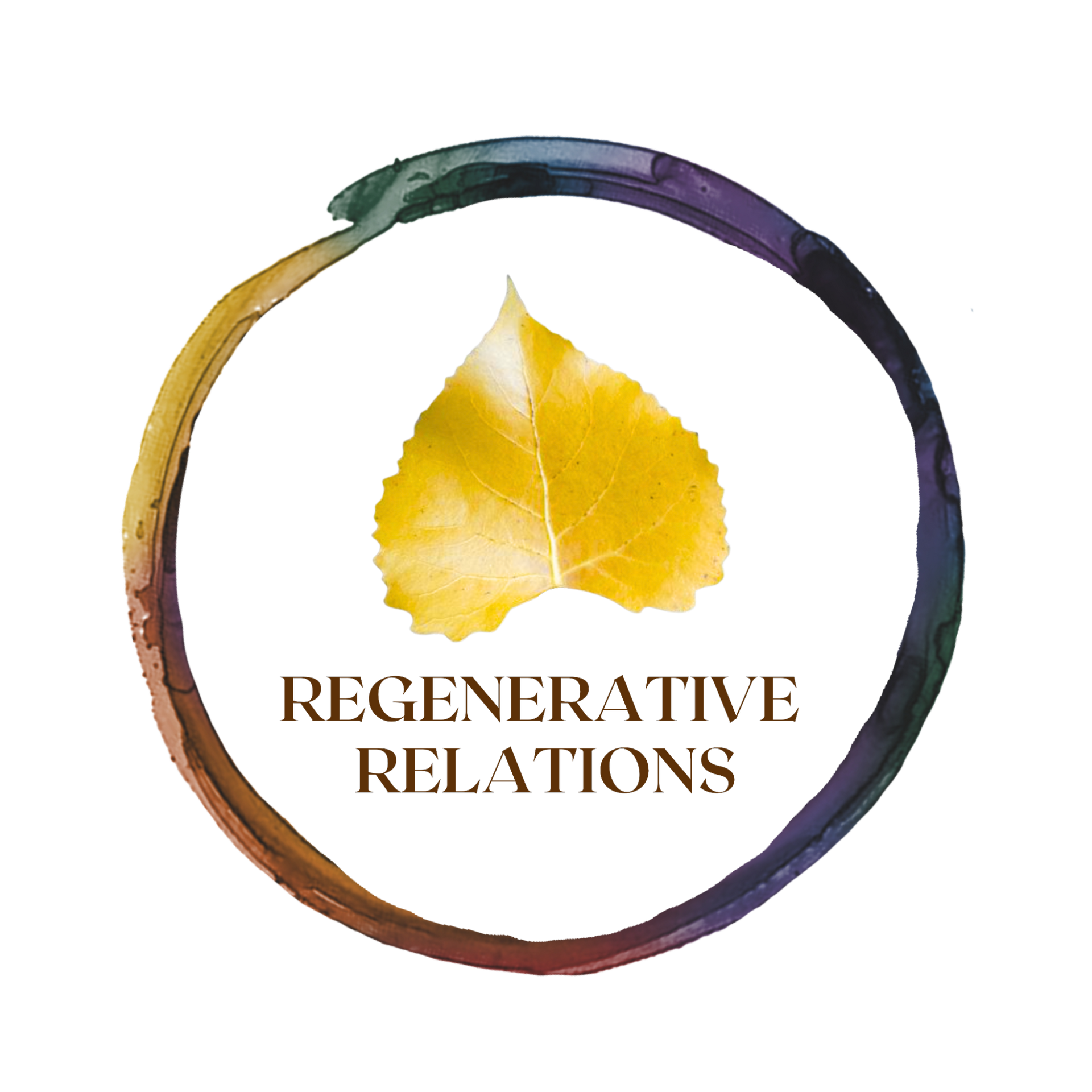 Regenerative Relations logo with a yellow leaf inside a multicolored circular brushstroke.