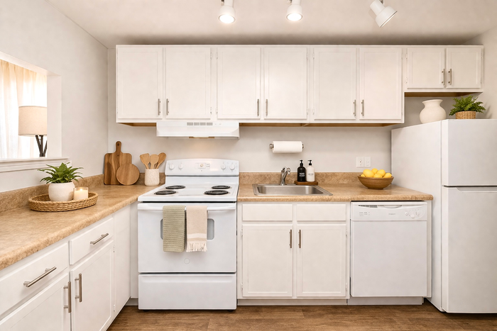 pensacola apartment kitchen with white appliances, white cabinets, and wood flooring