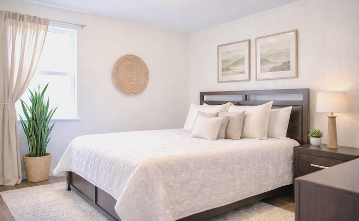 apartment bedroom decorated with a bed, side table and TV stand 