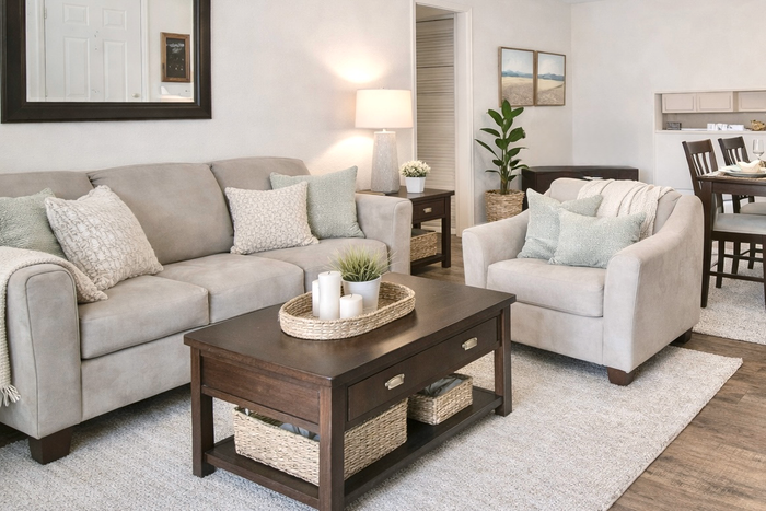 pensacola apartment living room with couches, coffee table, and art