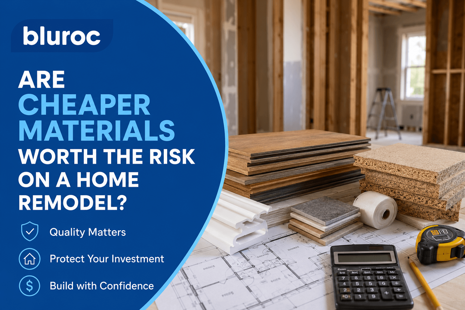 Blue BluROC ad asking if cheap materials are worth the risk on a home remodel, with flooring and tools on plans.