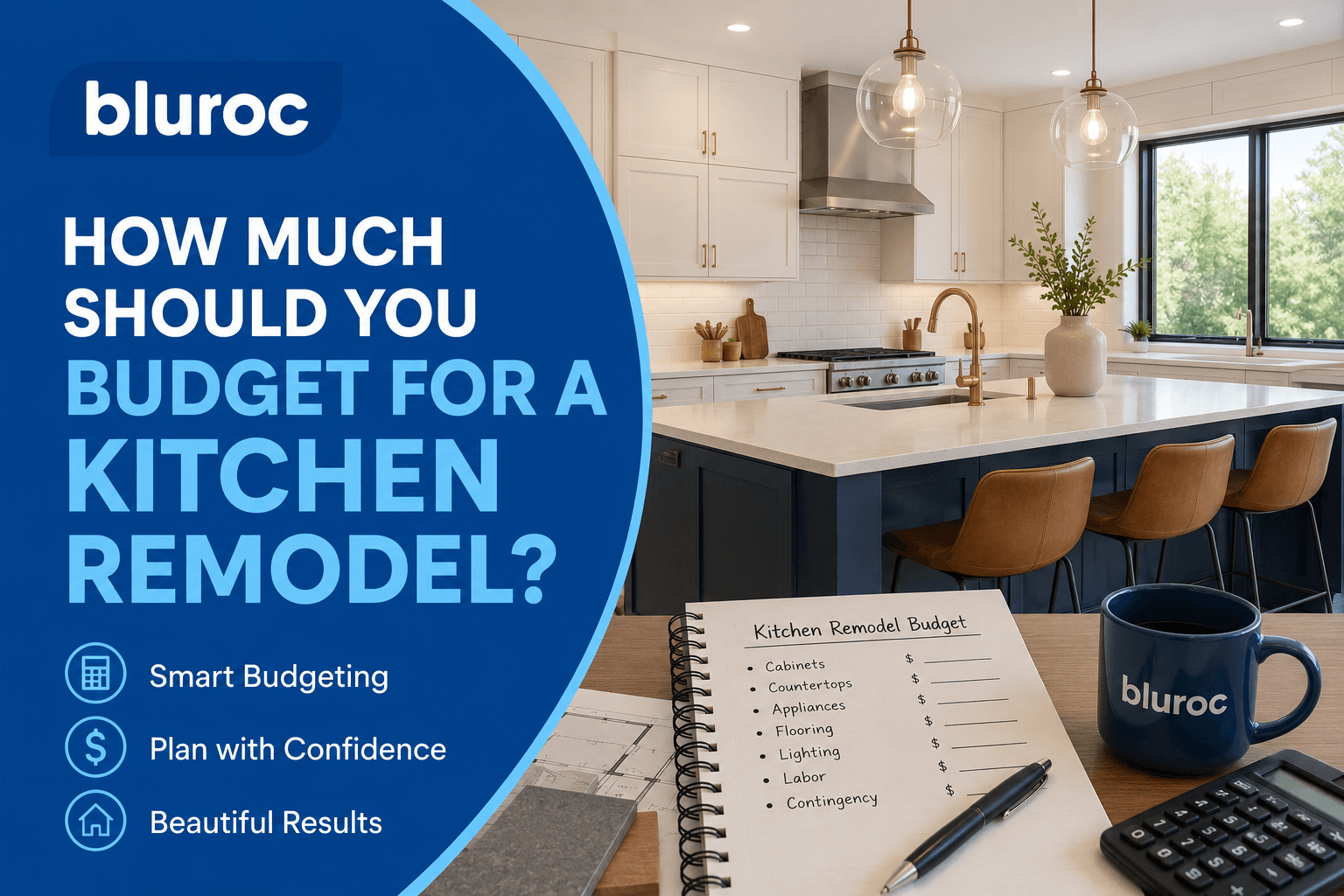 Kitchen remodel budget ad with blue text beside a bright modern kitchen and a budget notebook on the counter
