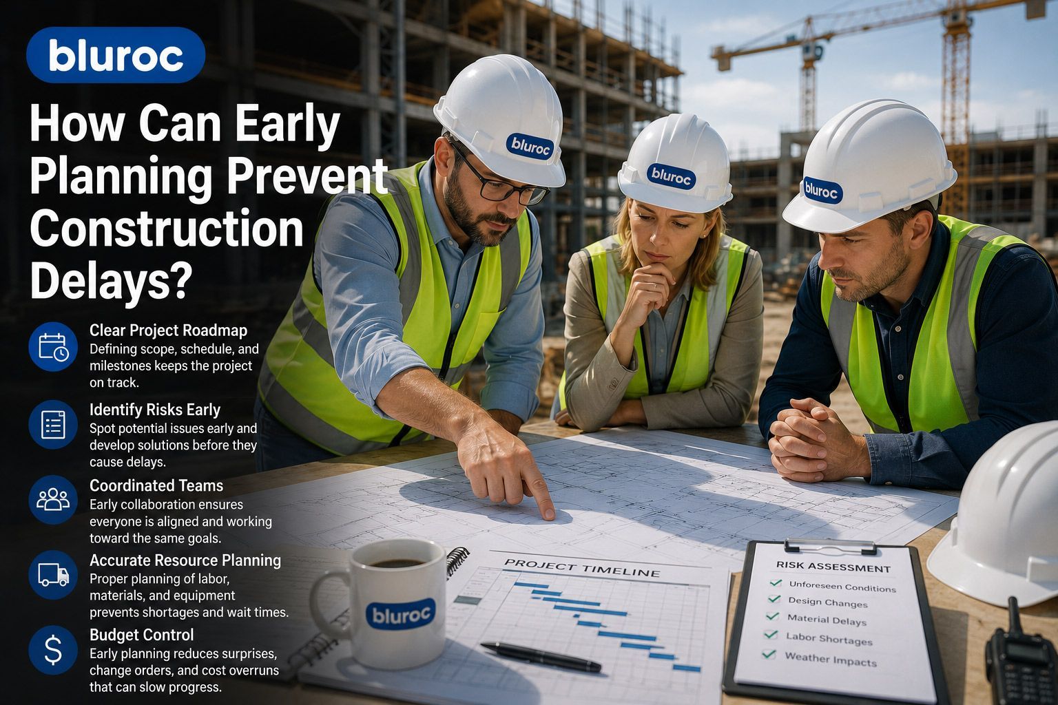 Construction team reviewing plans on a job site with the text “How Can Early Planning Prevent Construction Delays?”