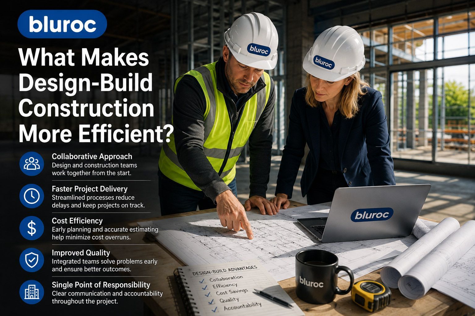 Two construction workers reviewing plans at a desk, with laptop and blueprints, beside a “Bluroc” ad panel.