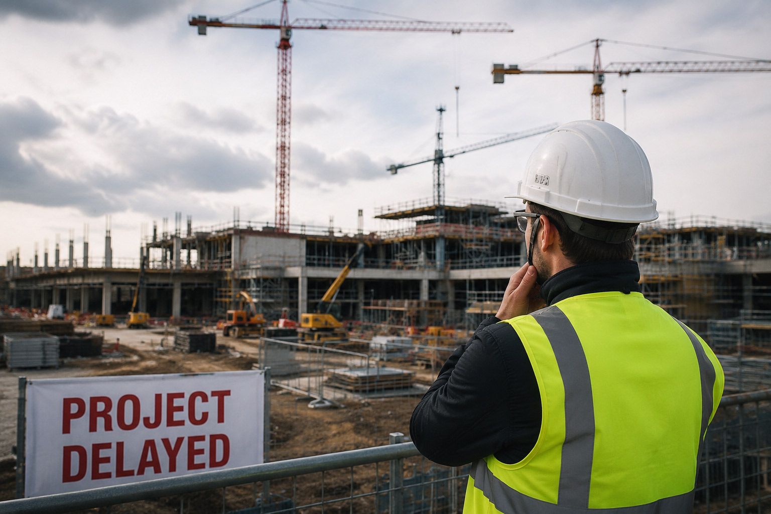 Construction site with worker in hard hat beside sign reading “PROJECT DELAYED”
