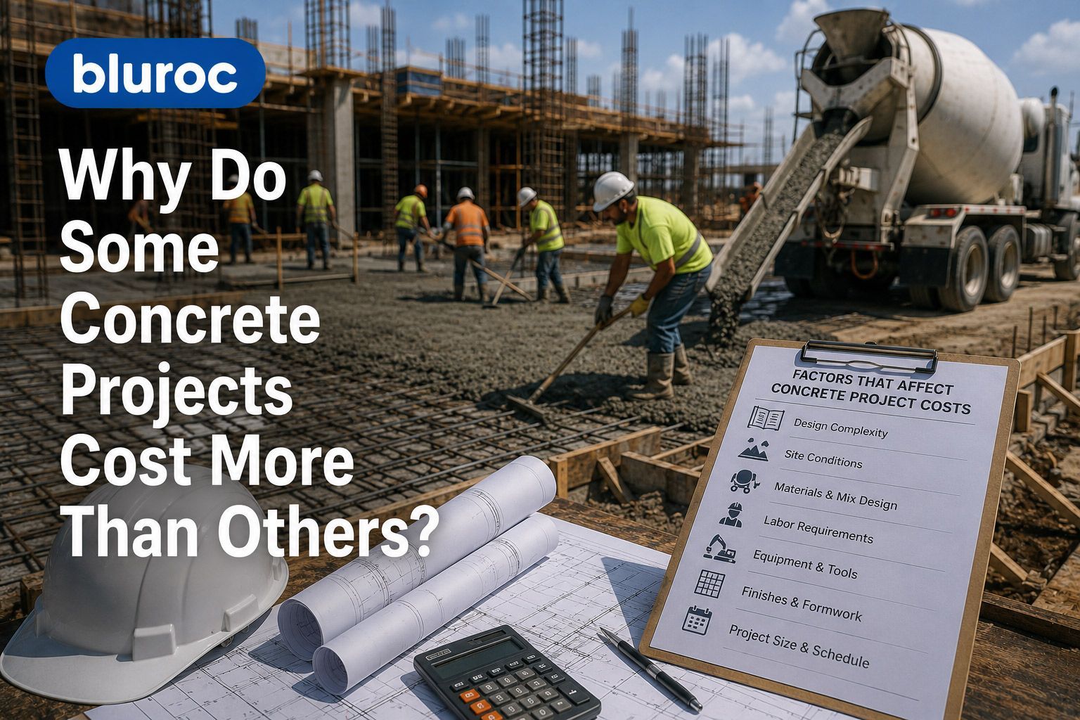 Construction crew pouring concrete beside a mixer, with plans and calculator in foreground, plus text overlay about costs