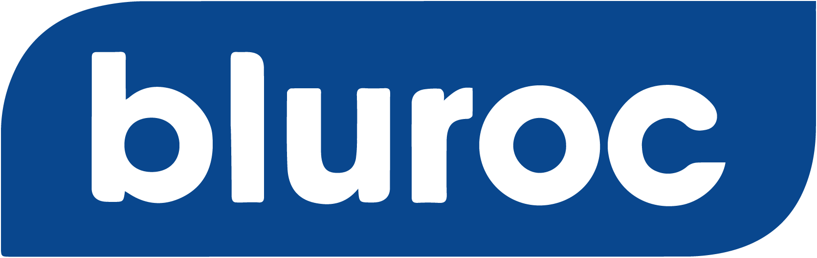 A blue and white logo for bluroc on a white background