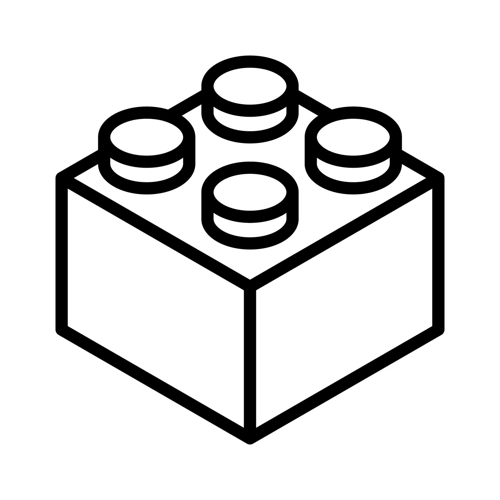 A black and white drawing of a lego block with four circles on it.