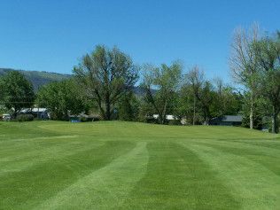 Wide grassy field with trees and hills under a clear blue sky