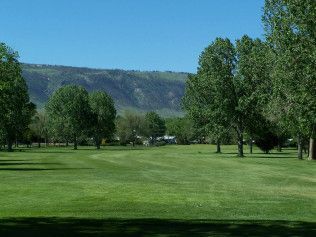 Grassy park with scattered trees and a mountain ridge under a clear blue sky