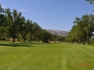 Wide green lawn bordered by trees under a clear blue sky, with hills in the distance