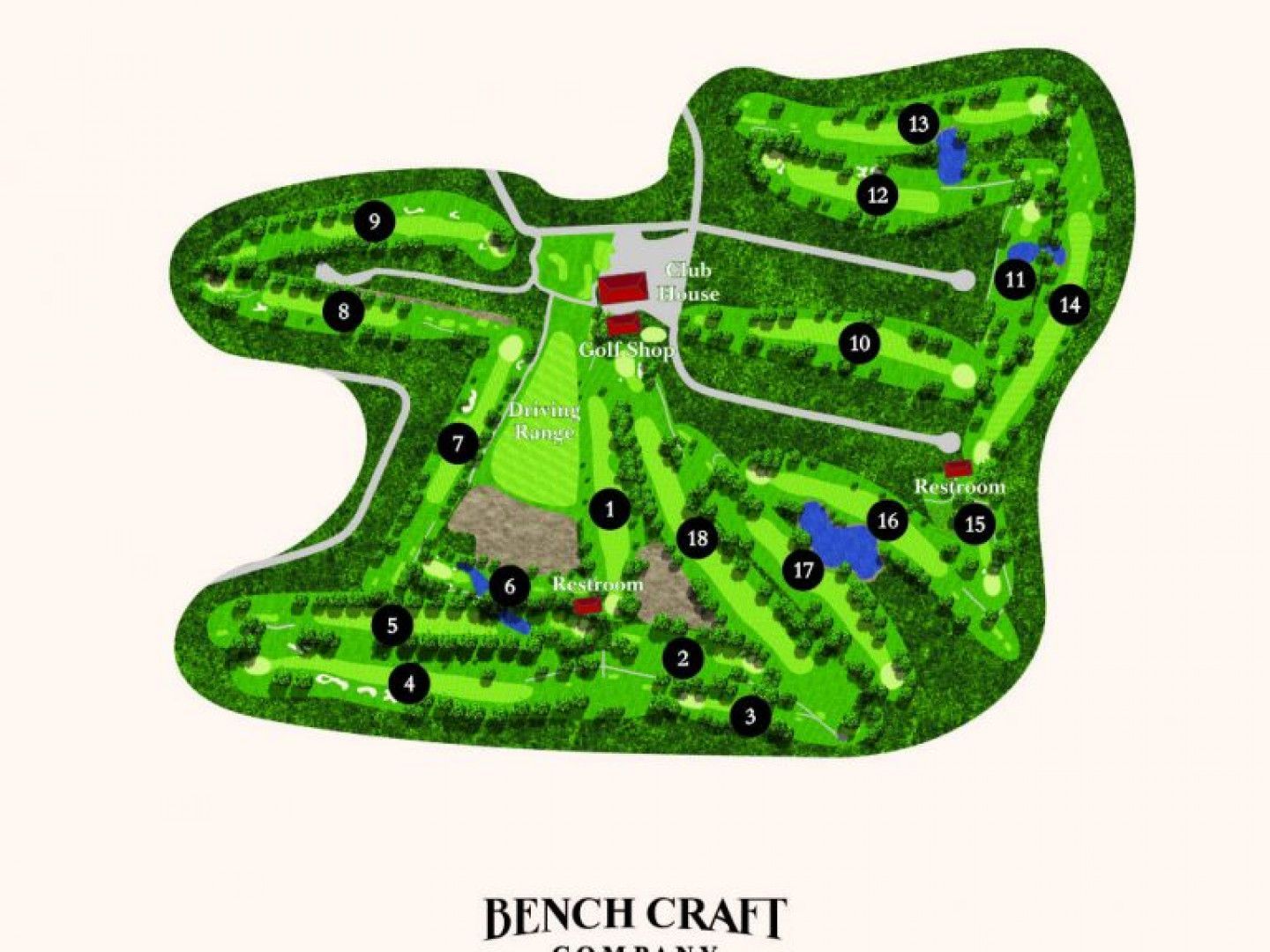Bench Craft golf course map with numbered holes on a green layout, clubhouse near the center.