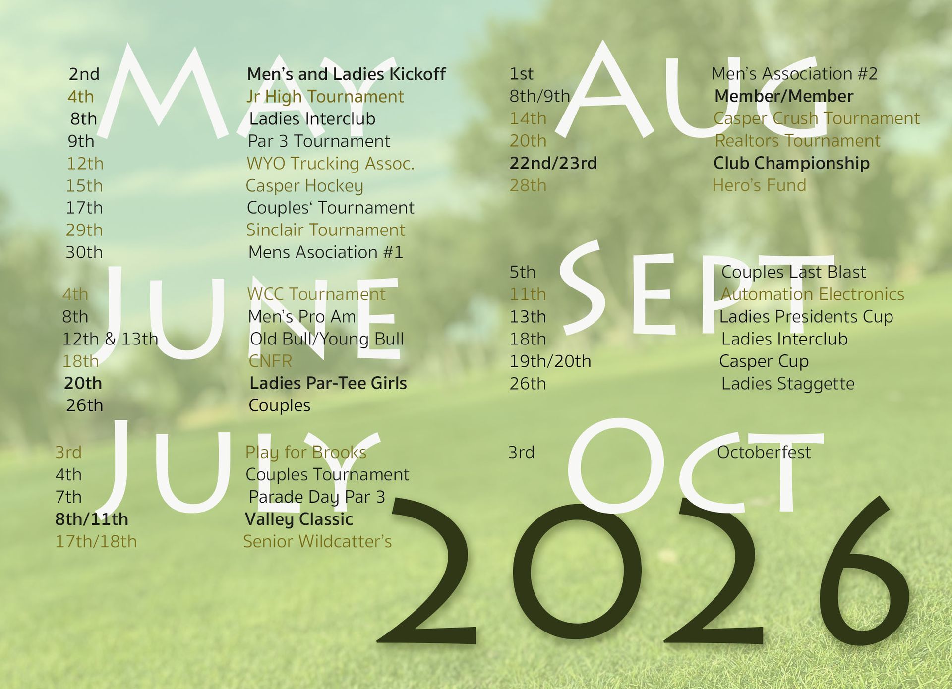 2026 calendar on a light green background with large month names from April to October.