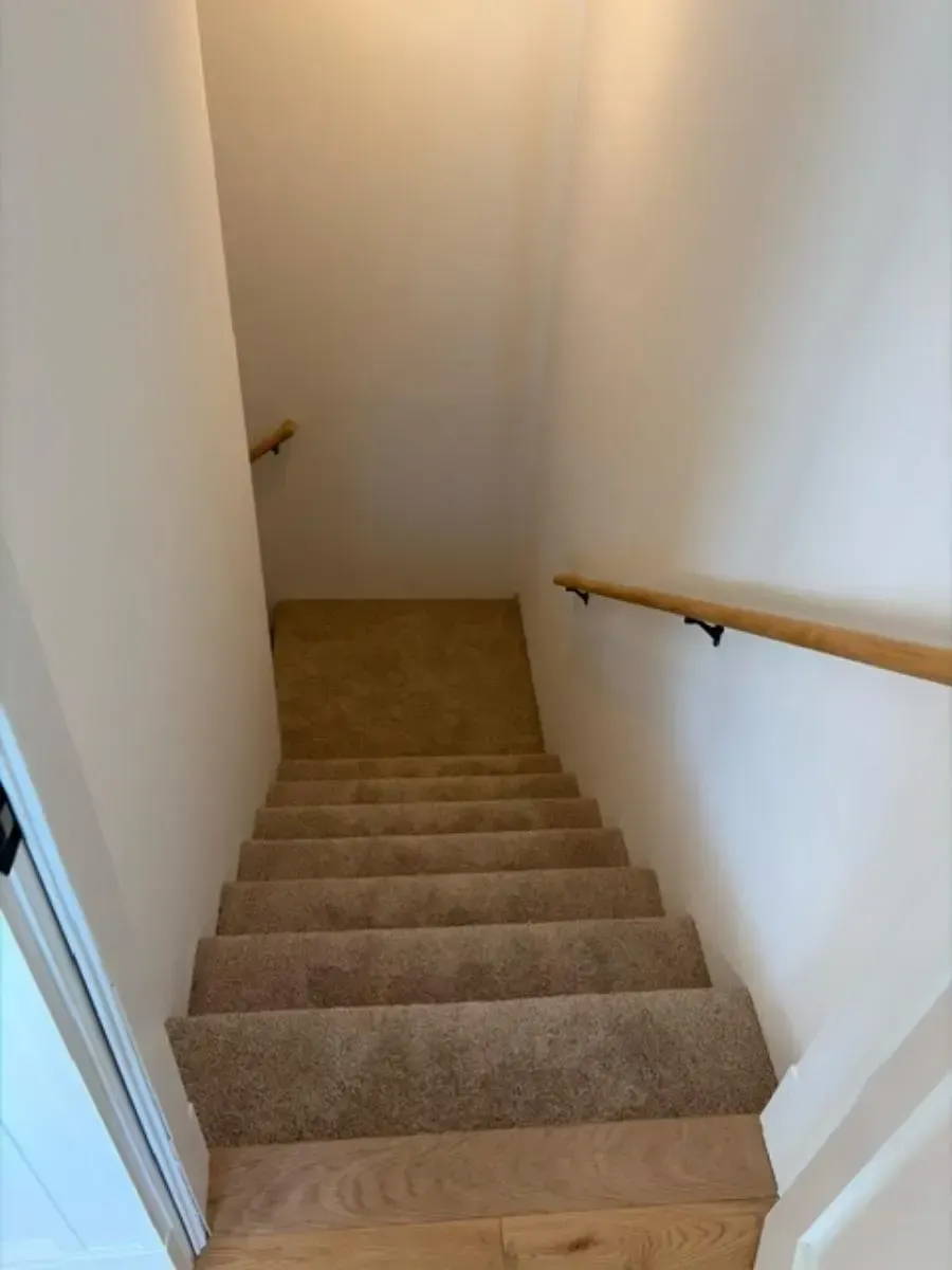 Carpeted staircase descending to a small landing with white walls and a wooden handrail