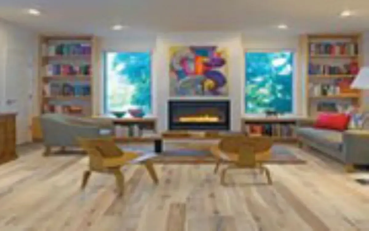 A living room with hardwood floors and a fireplace.