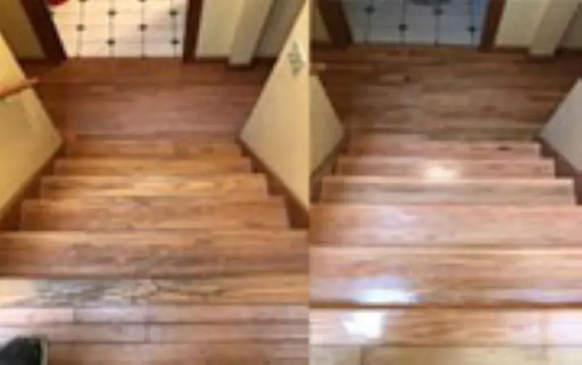 A before and after photo of a wooden staircase.