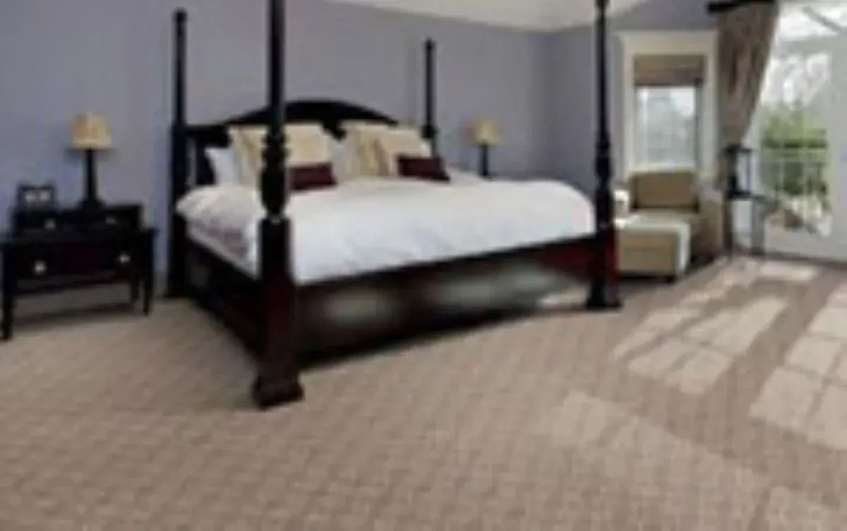 A bedroom with a four poster bed and a carpeted floor.
