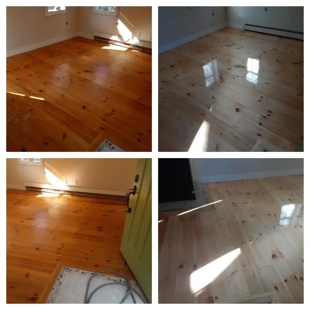 A collage of four pictures of a wooden floor
