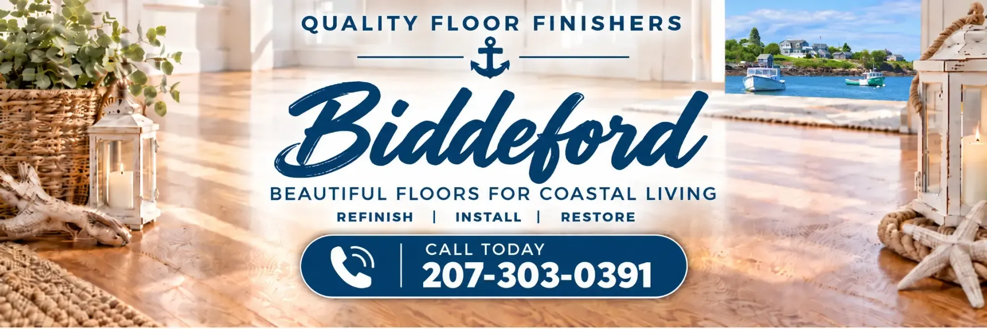 Biddeford quality floor finishers ad with beach backdrop and phone number 207-303-0391