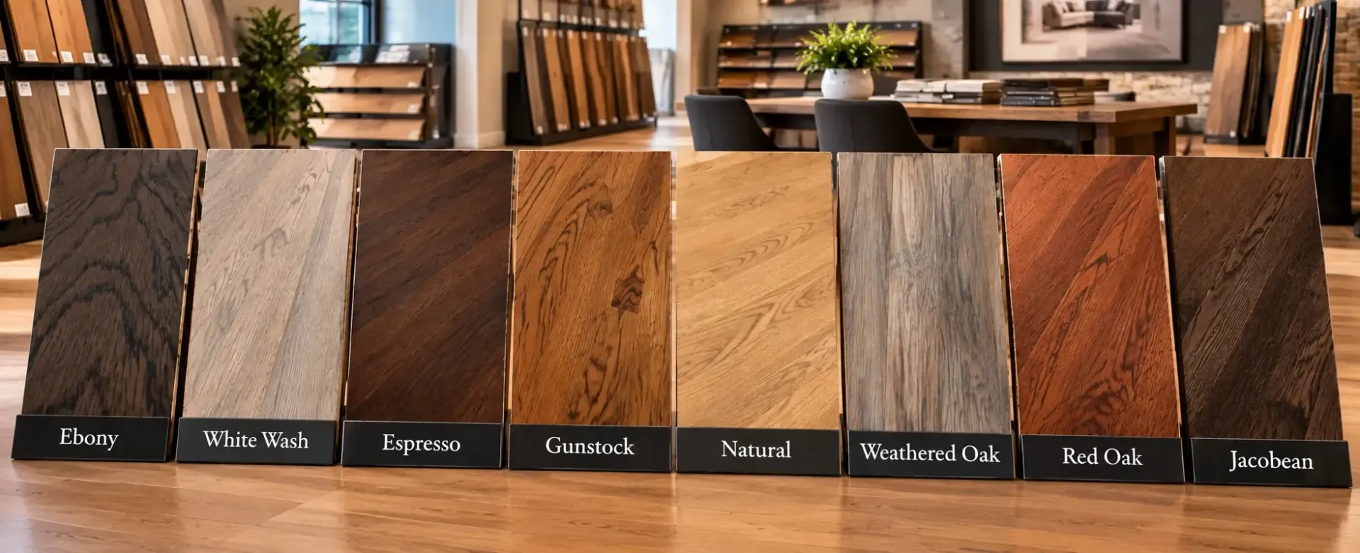 Wood flooring display with multiple stain samples lined up in a showroom