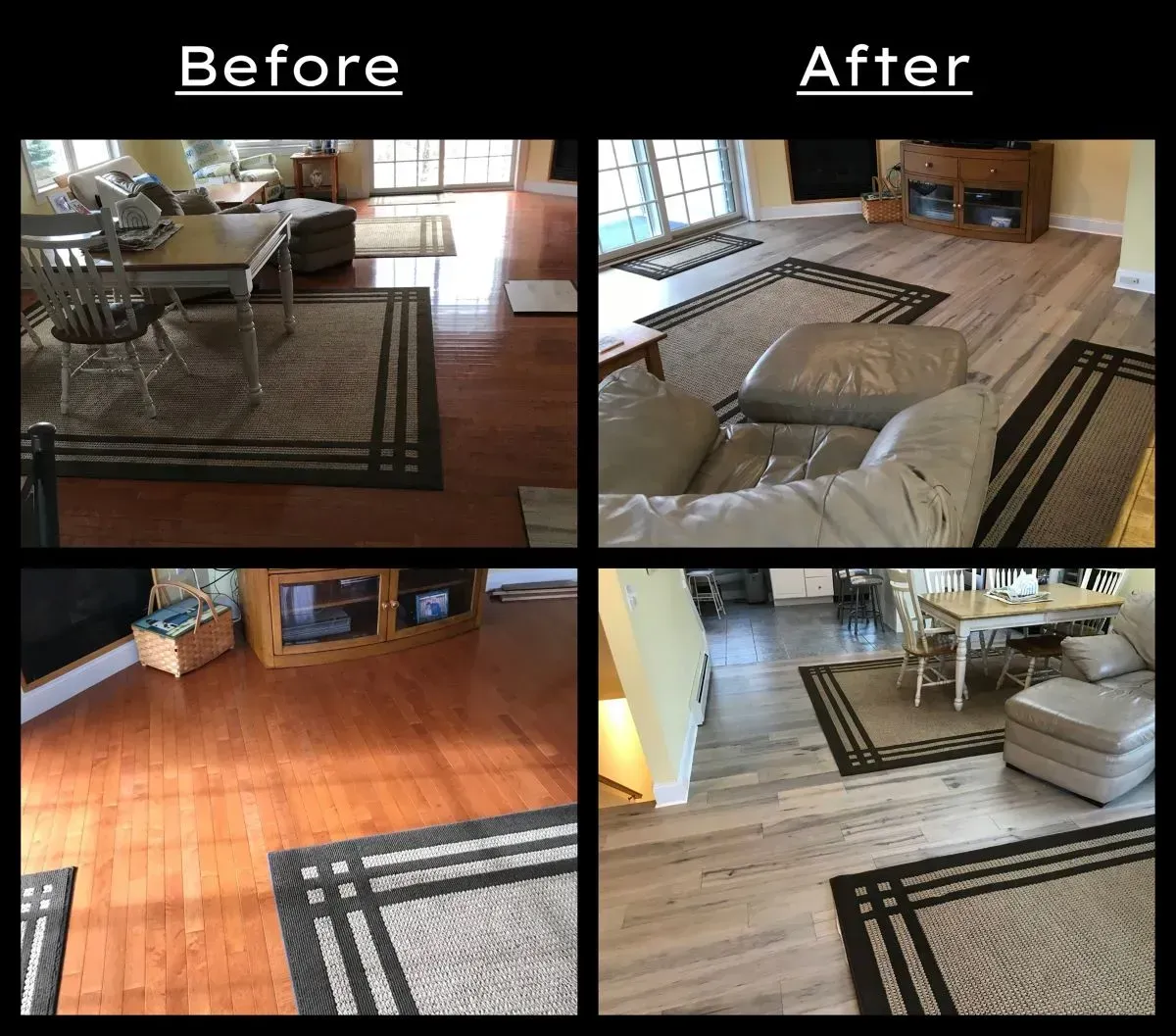 A before and after photo of a living room with hardwood floors.
