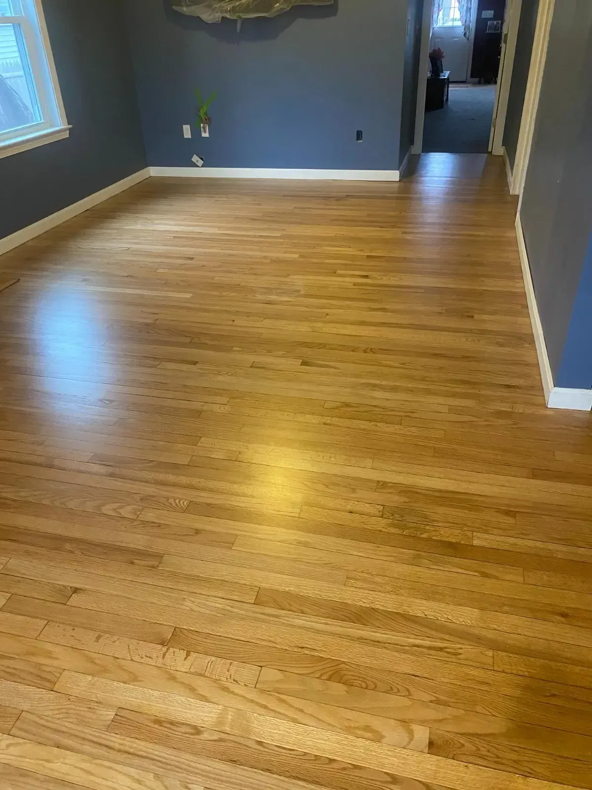 A living room with hardwood floors and a gray wall.