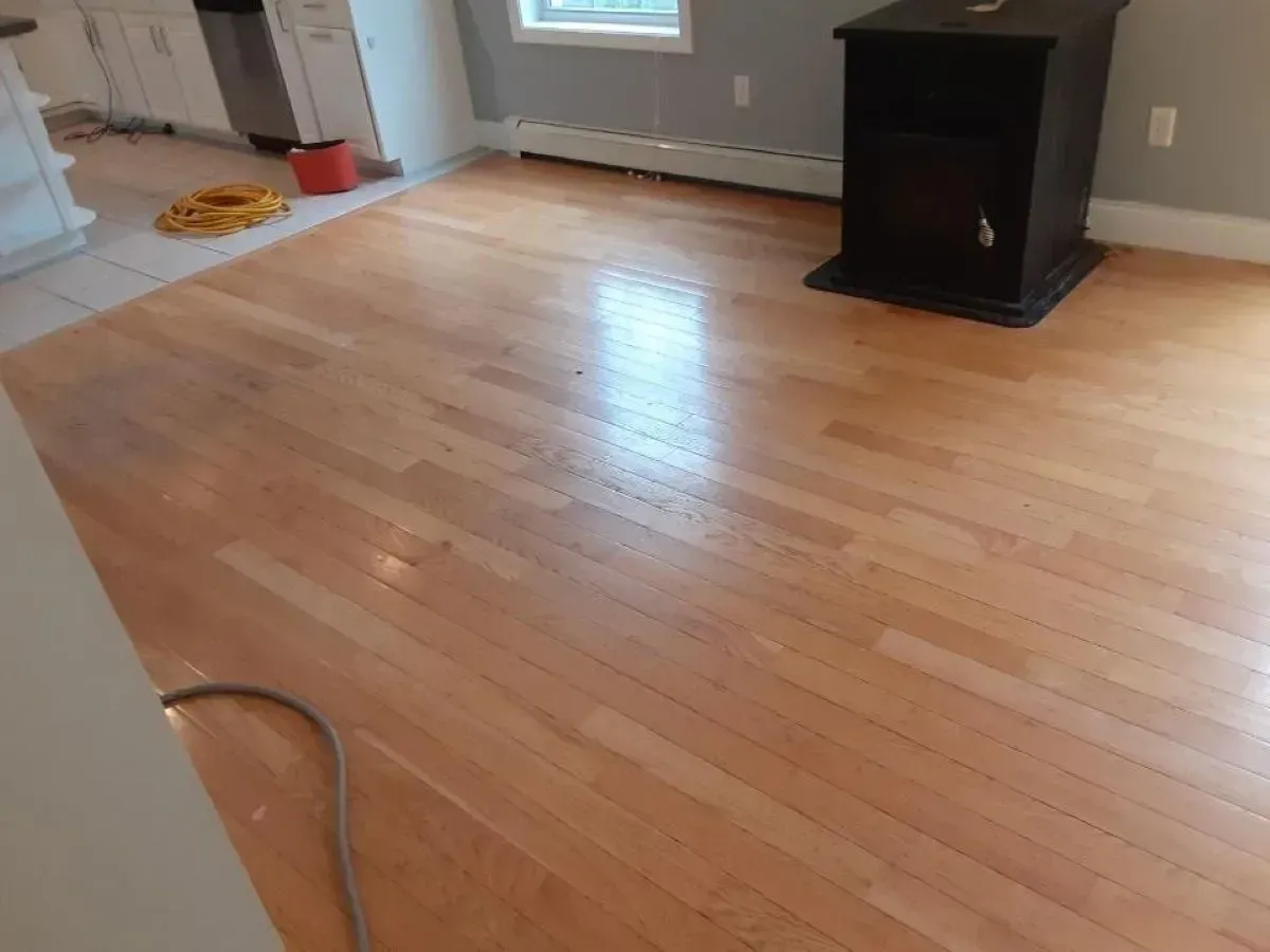 A living room with hardwood floors and a fireplace