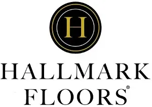 The hallmark floors logo is a black and gold logo with a h in a circle.