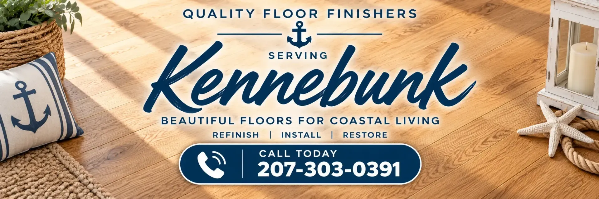 Kennebunk Quality Floor Finishers ad with blue logo, rope border, and phone number 207-303-0391