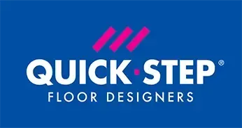 The logo for quick step floor designers is on a blue background.