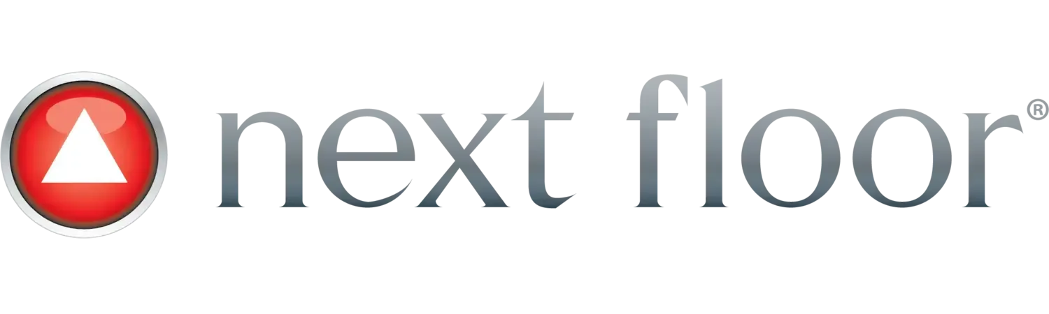 A next floor logo with a red arrow pointing up