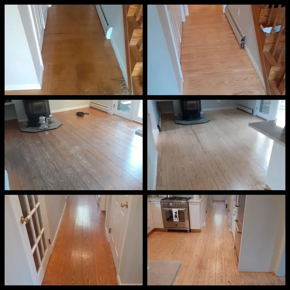 A collage of four pictures of a wooden floor