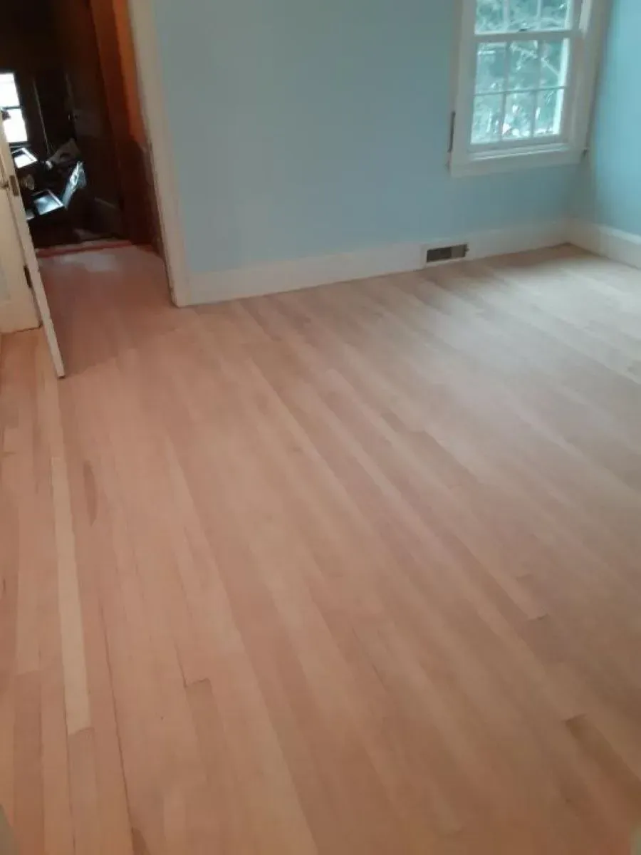 A room with a wooden floor and blue walls.