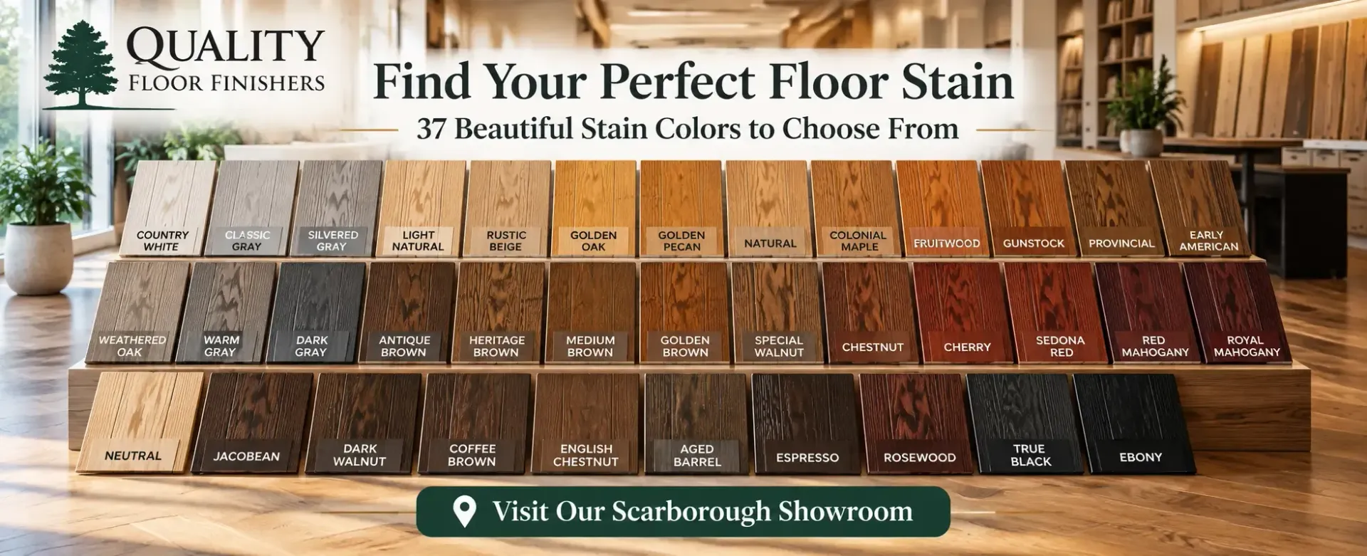 Floor stain sample chart with many wood finish swatches and “Find Your Perfect Floor Stain” text