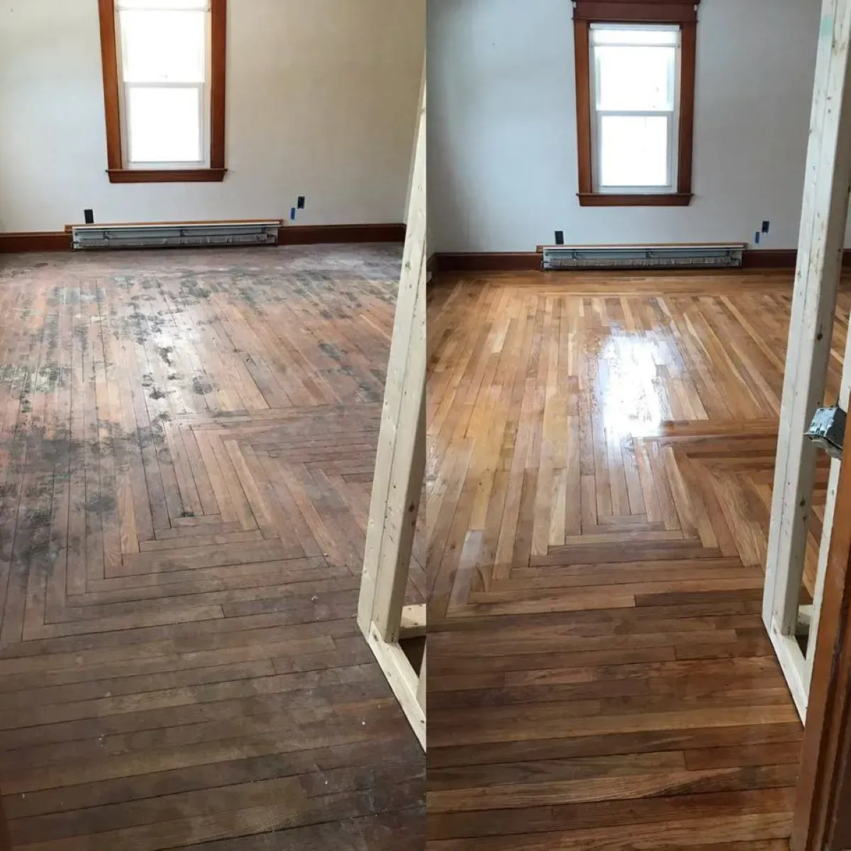 A before and after photo of a wooden floor in a room.