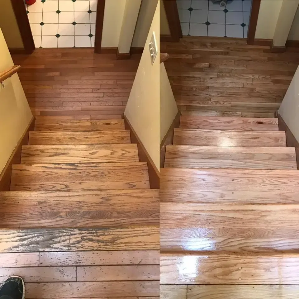 A before and after photo of a wooden staircase