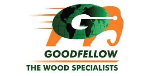 A logo for goodfellow the wood specialists with an elephant and a globe