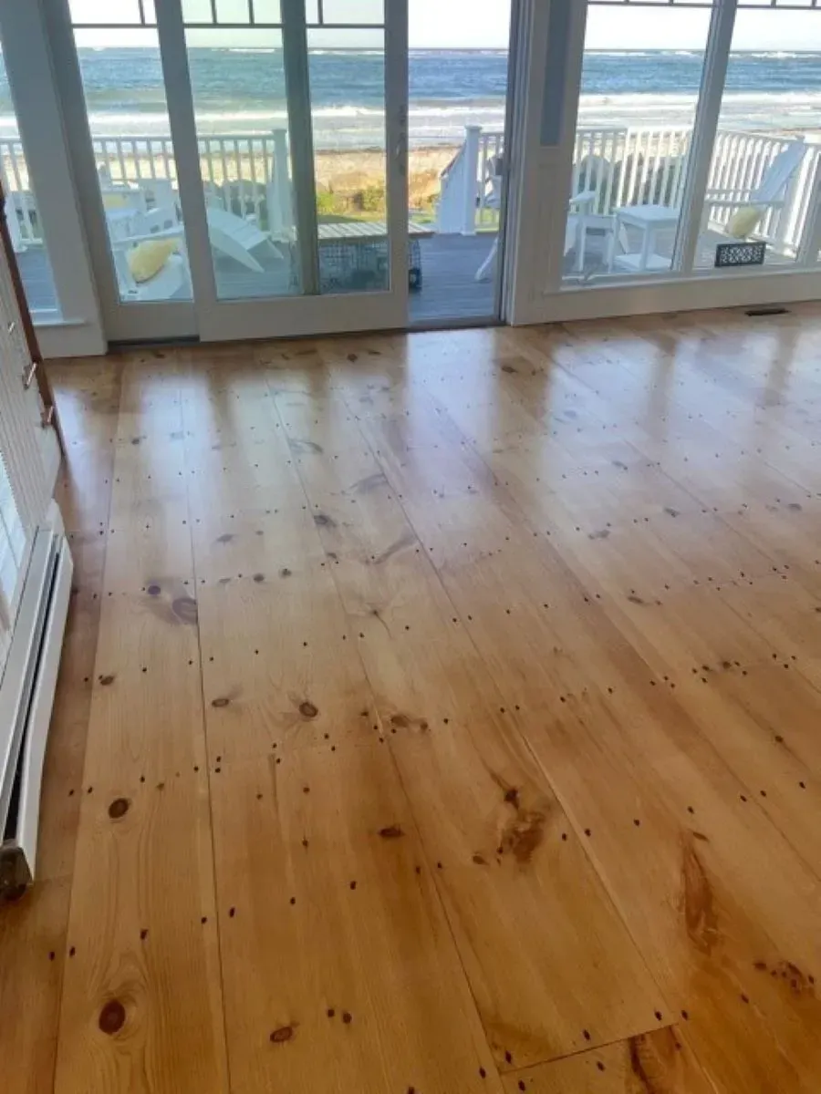 A living room with hardwood floors and a view of the ocean.