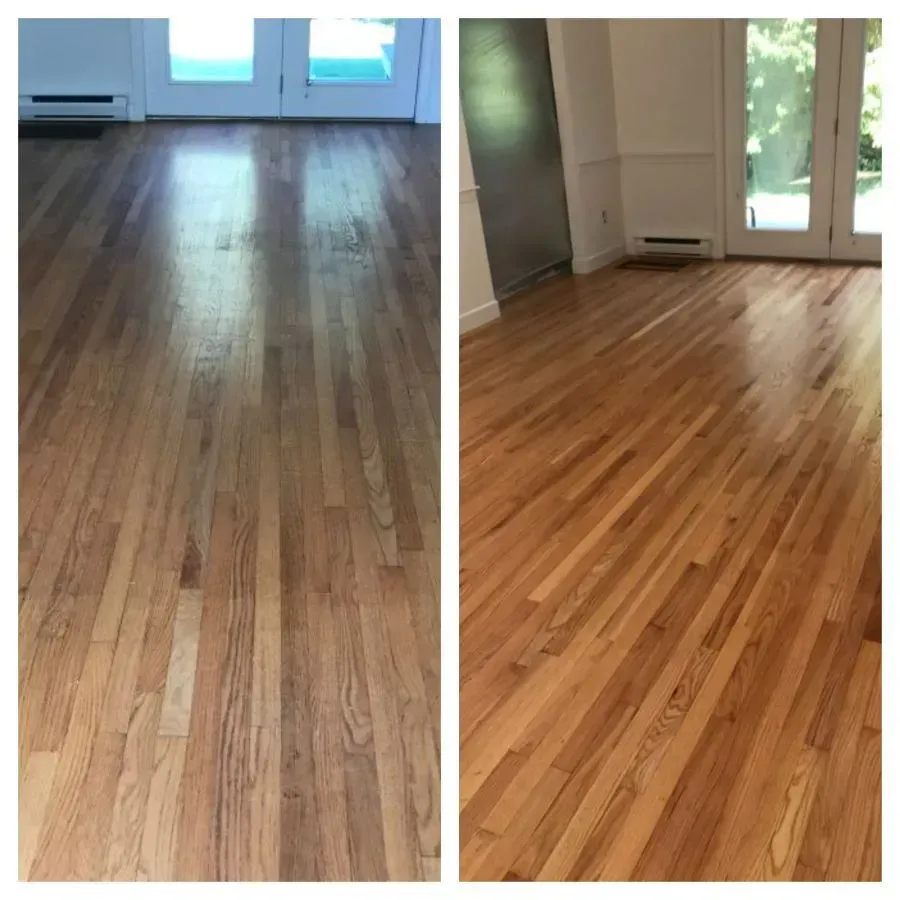 A before and after photo of a wooden floor.