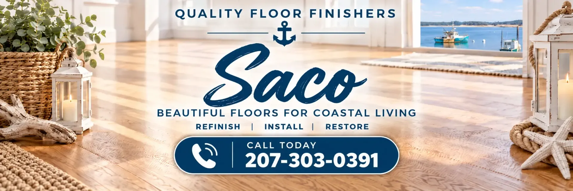 Saco floor finisher ad with beach background, blue logo, and phone number 207-303-0391