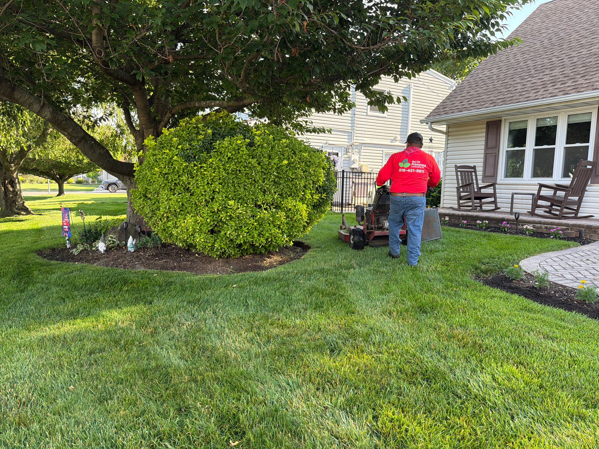 Worker in red shirt mowing a green lawn beside a house and large shrubs